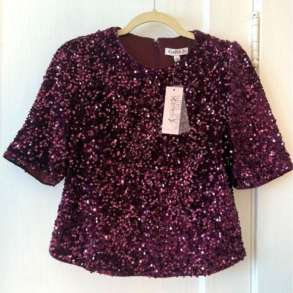 Nanette Lepore Plum Purple Sequin Short Sleeve Top NWT Size M - Picture 2 of 5